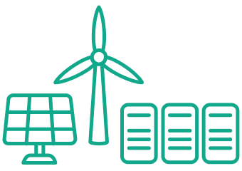 The icon shows a solar panel, a wind turbine and small containers. It stands for expertise in the field of project development.