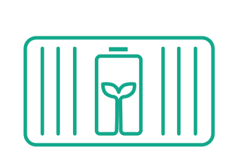 The icon shows a battery in which a small plant is growing, surrounded by a container. It stands for expertise in the field of engineering & realization.