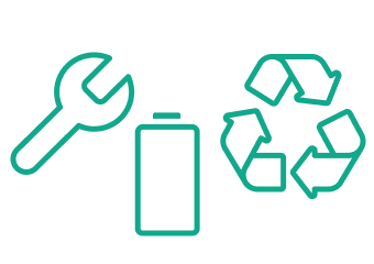 Das Icon zeigt einen Schraubenschlüssel, eine Batterie und ein Recyclingsymbol mit drei Pfeilen. Es steht für Kompetenz im Bereich Wartung & Recycling.