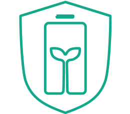 Das Icon zeigt die Silhouette eines Schildes mit einer Batterie darin, in der eine kleine Pflanze wächst.